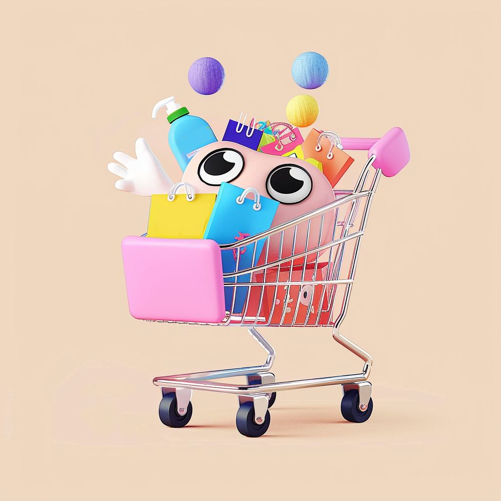 可爱购物车满载商品的趣味3D宣传图