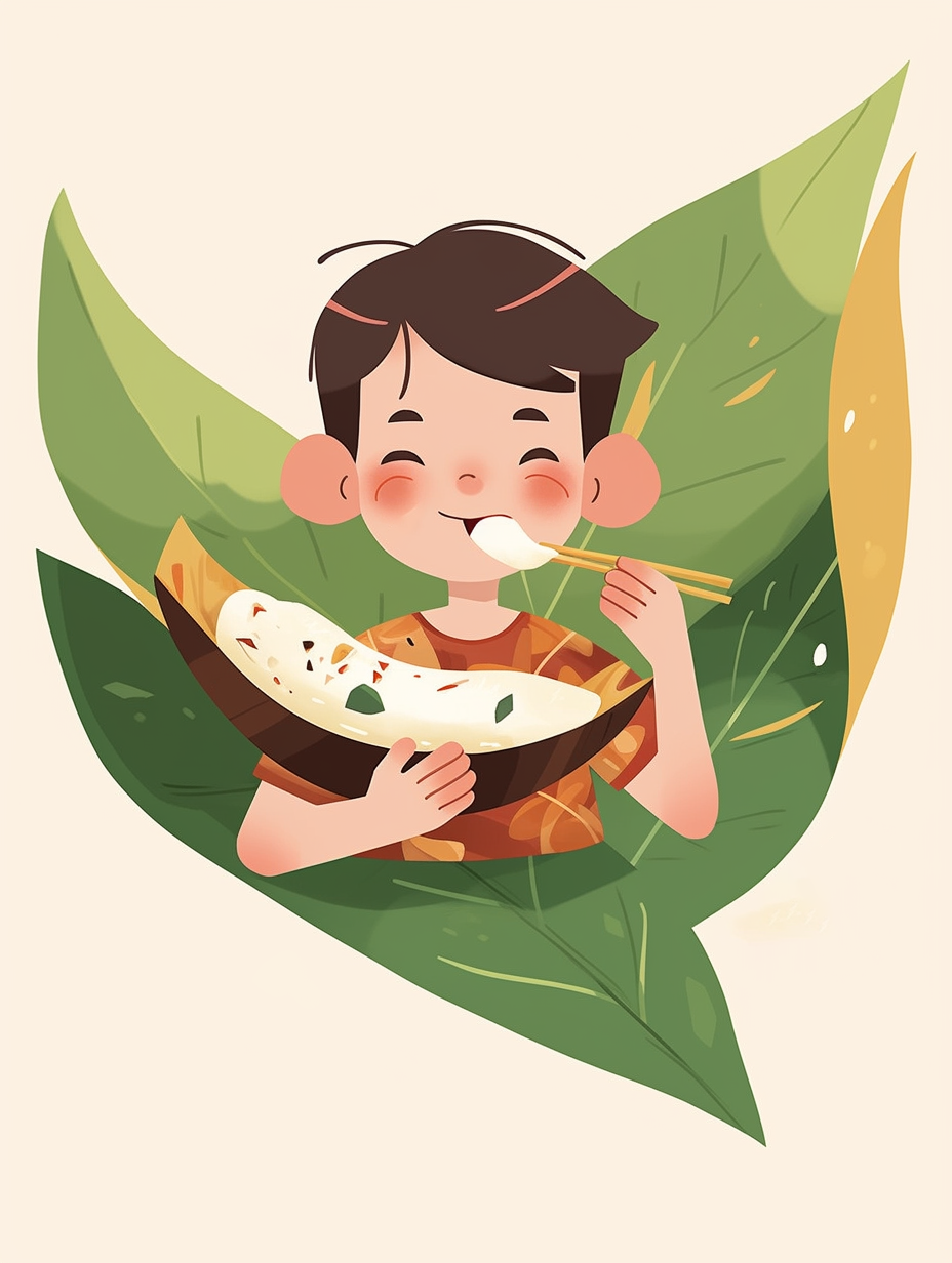 可爱男孩开心吃粽子的趣味插画图