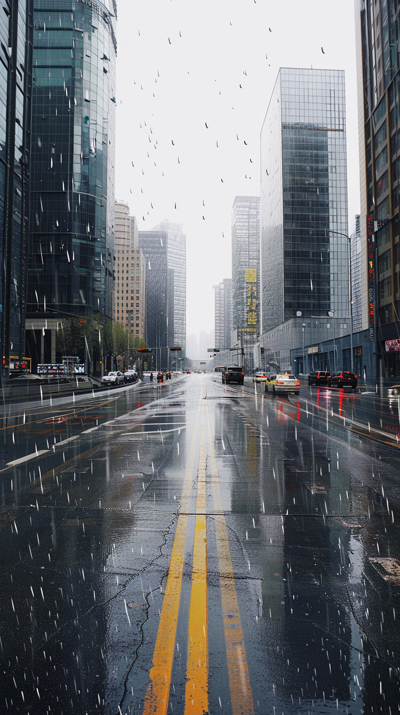 雨中城市街道都市风貌壁纸