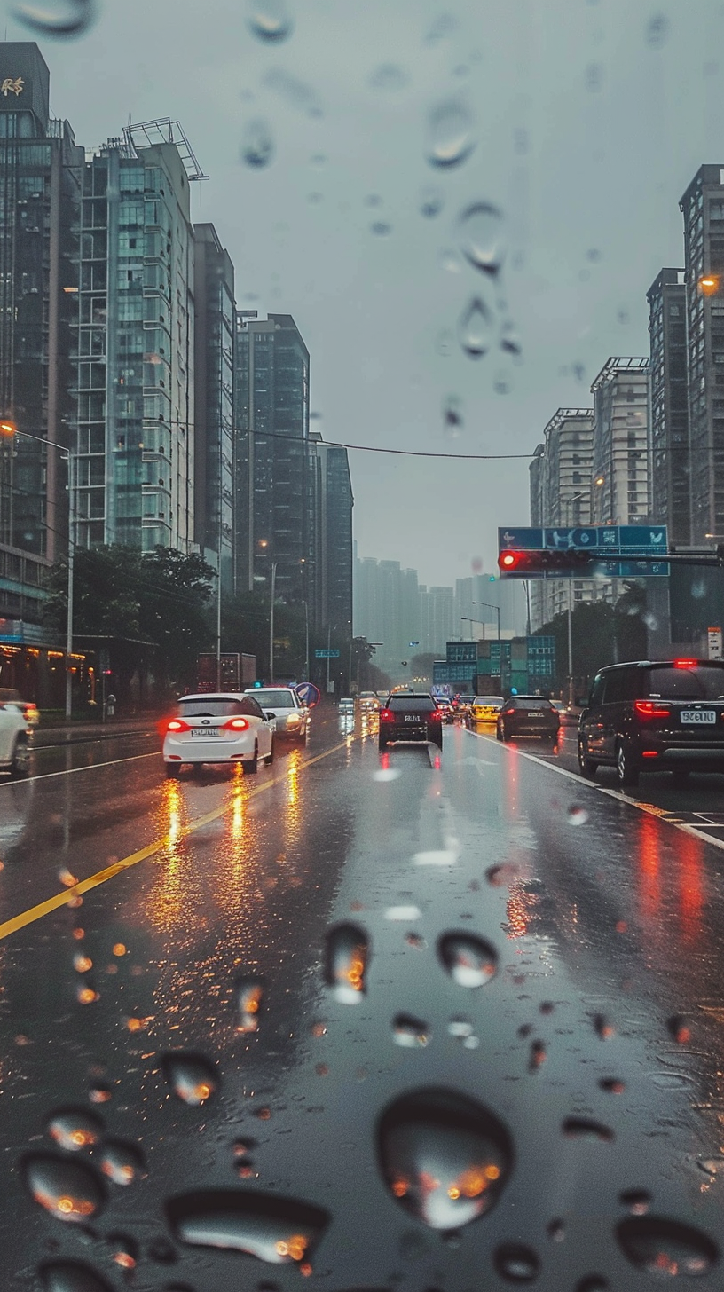 雨天城市道路景象汽车在雨中穿梭的画面