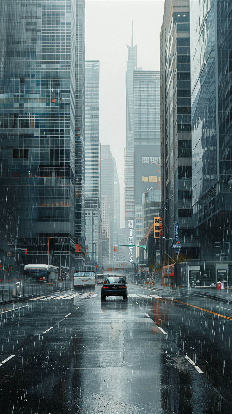 雨中城市街道景象都市时尚氛围