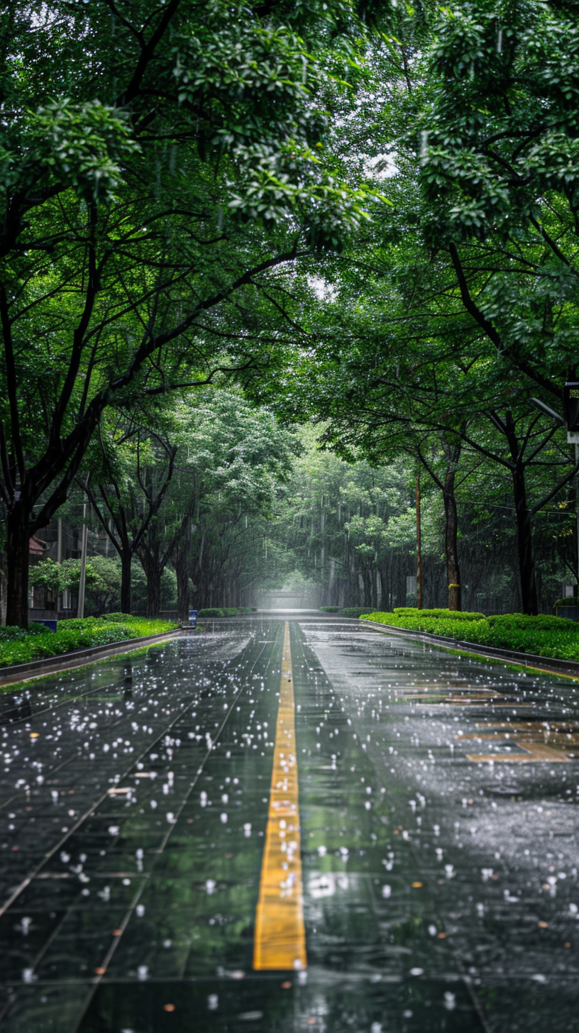 雨中绿树成荫的道路壁纸素材