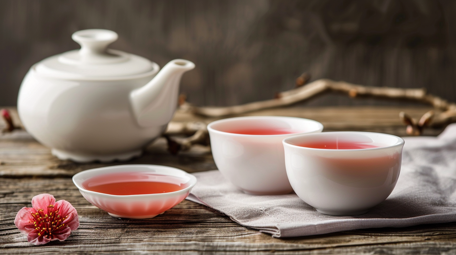 精美白色茶具盛粉色饮品优雅格调