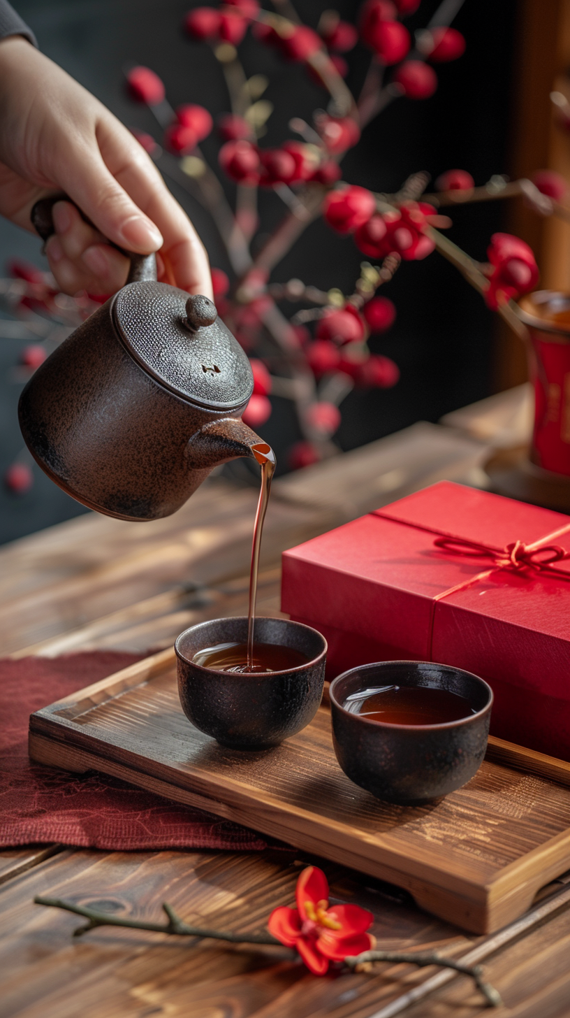 古朴茶壶倒热茶红色礼盒相伴显喜庆