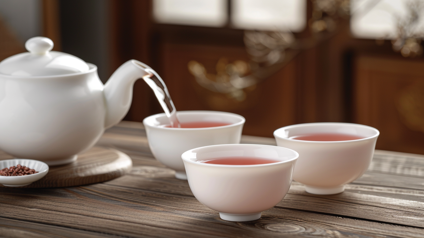 白色茶壶倒出粉色饮品优雅格调