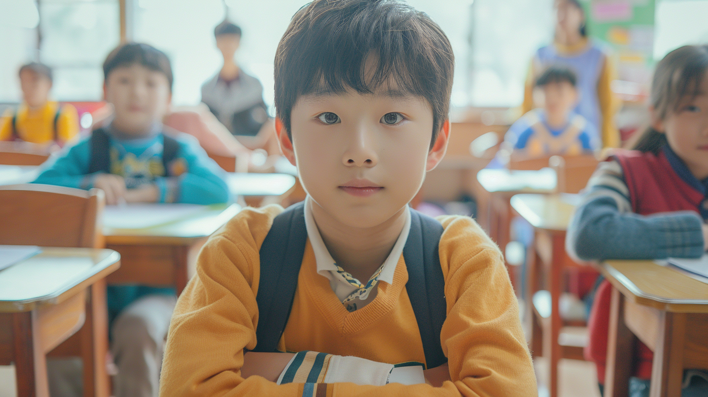 可爱小学生在教室认真听讲的温馨画面
