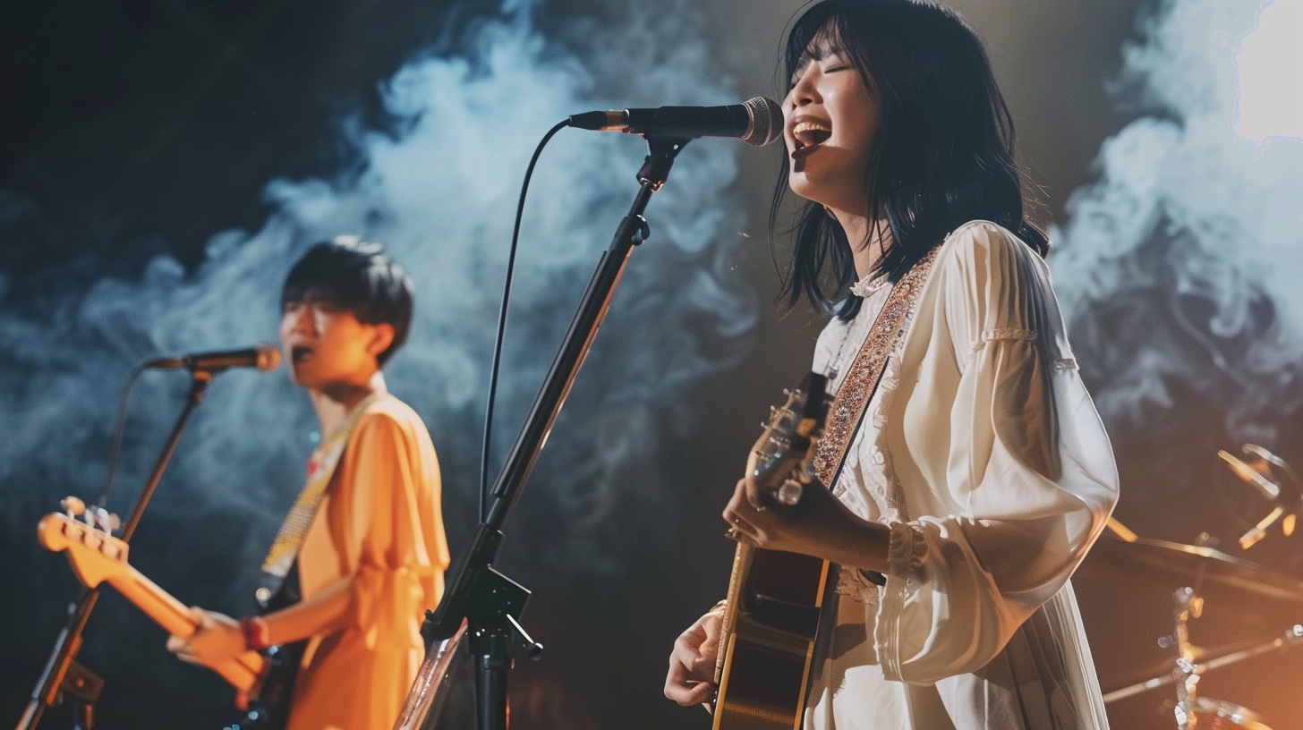 白衣女子弹唱演出舞台上的音乐盛宴