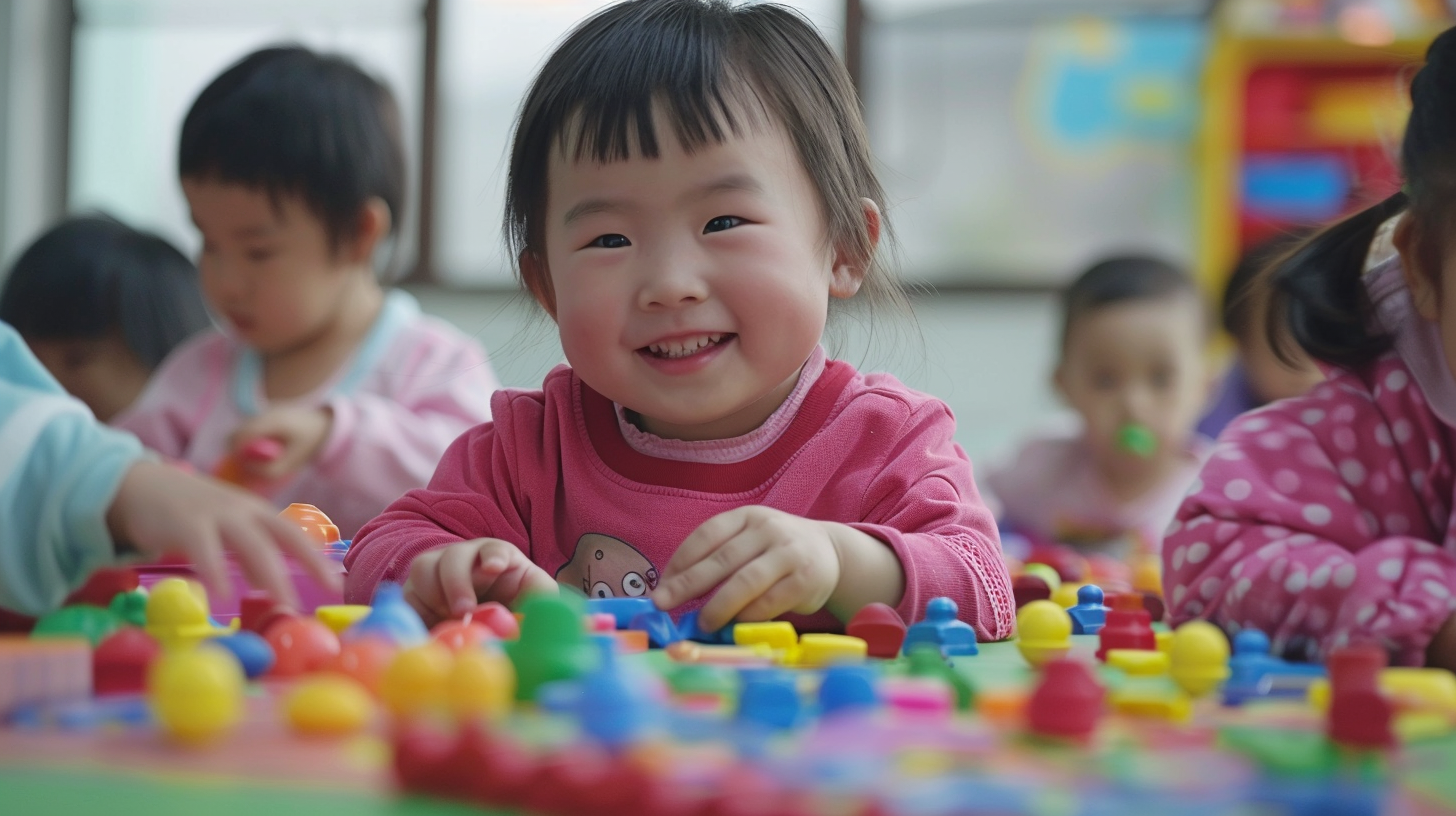 可爱儿童玩彩色积木欢乐的幼儿园时光