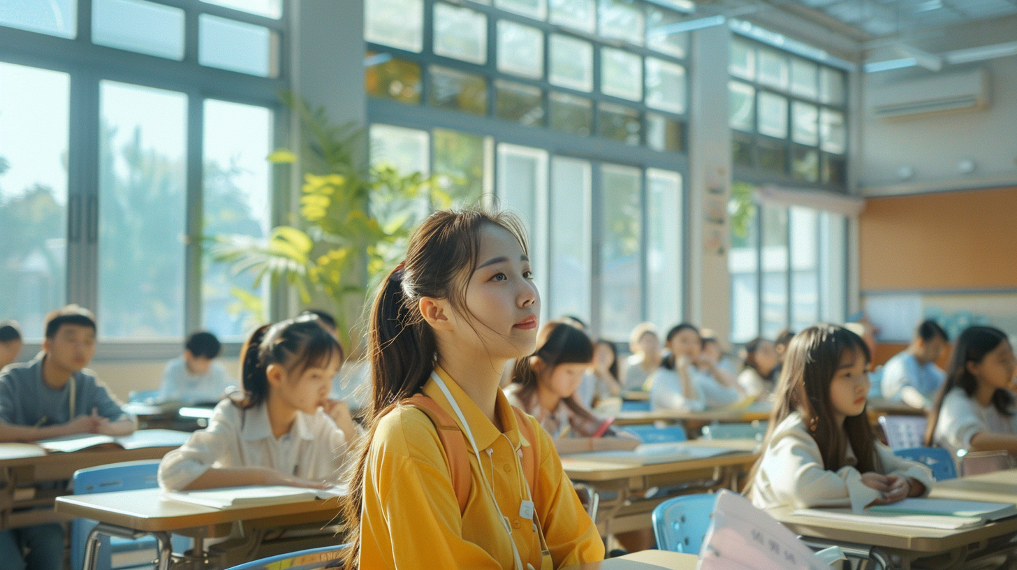 明亮教室内学生们认真听讲的上课场景