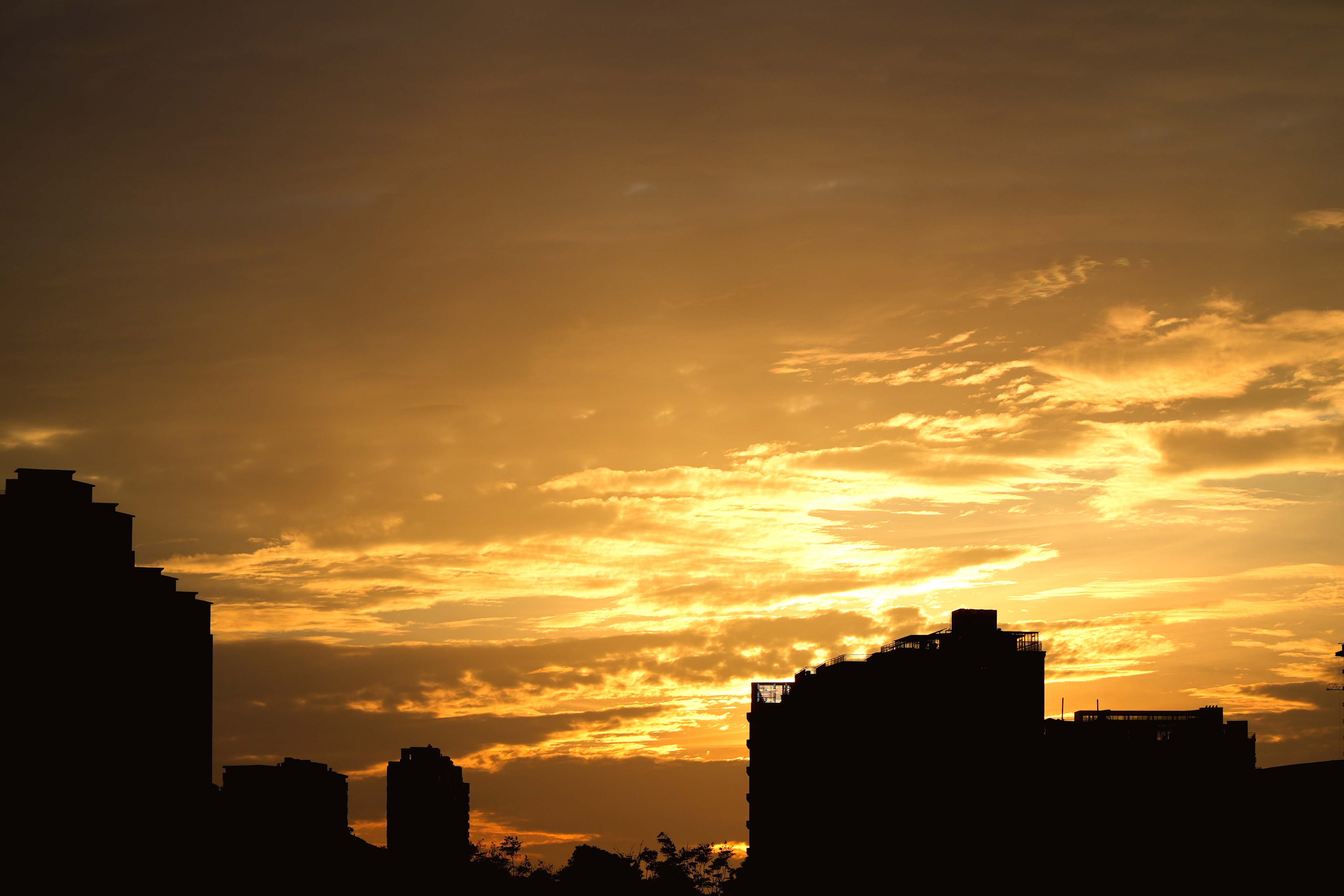 城市建筑在金色夕阳下的唯美剪影