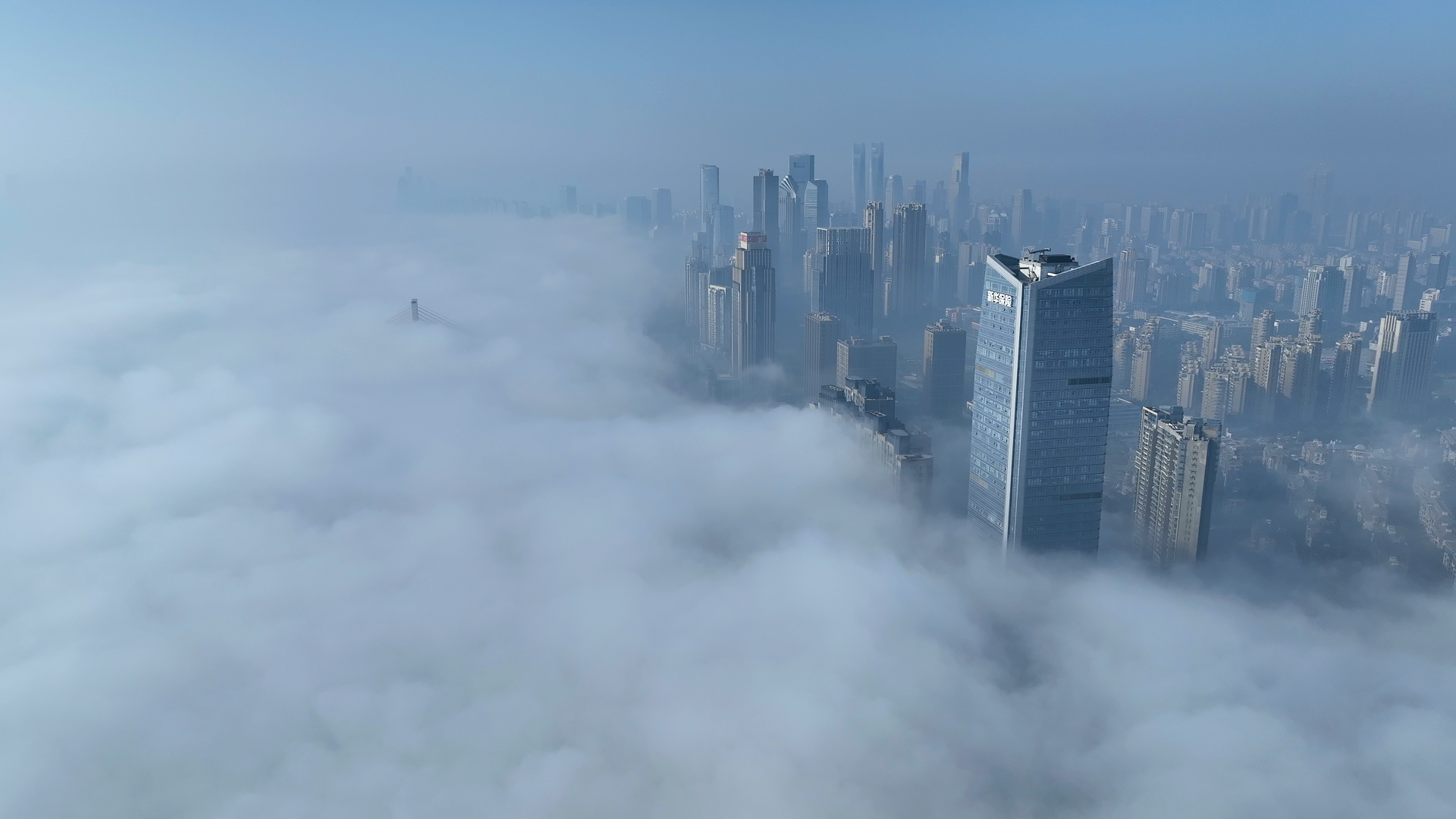 云雾缭绕中的城市景观