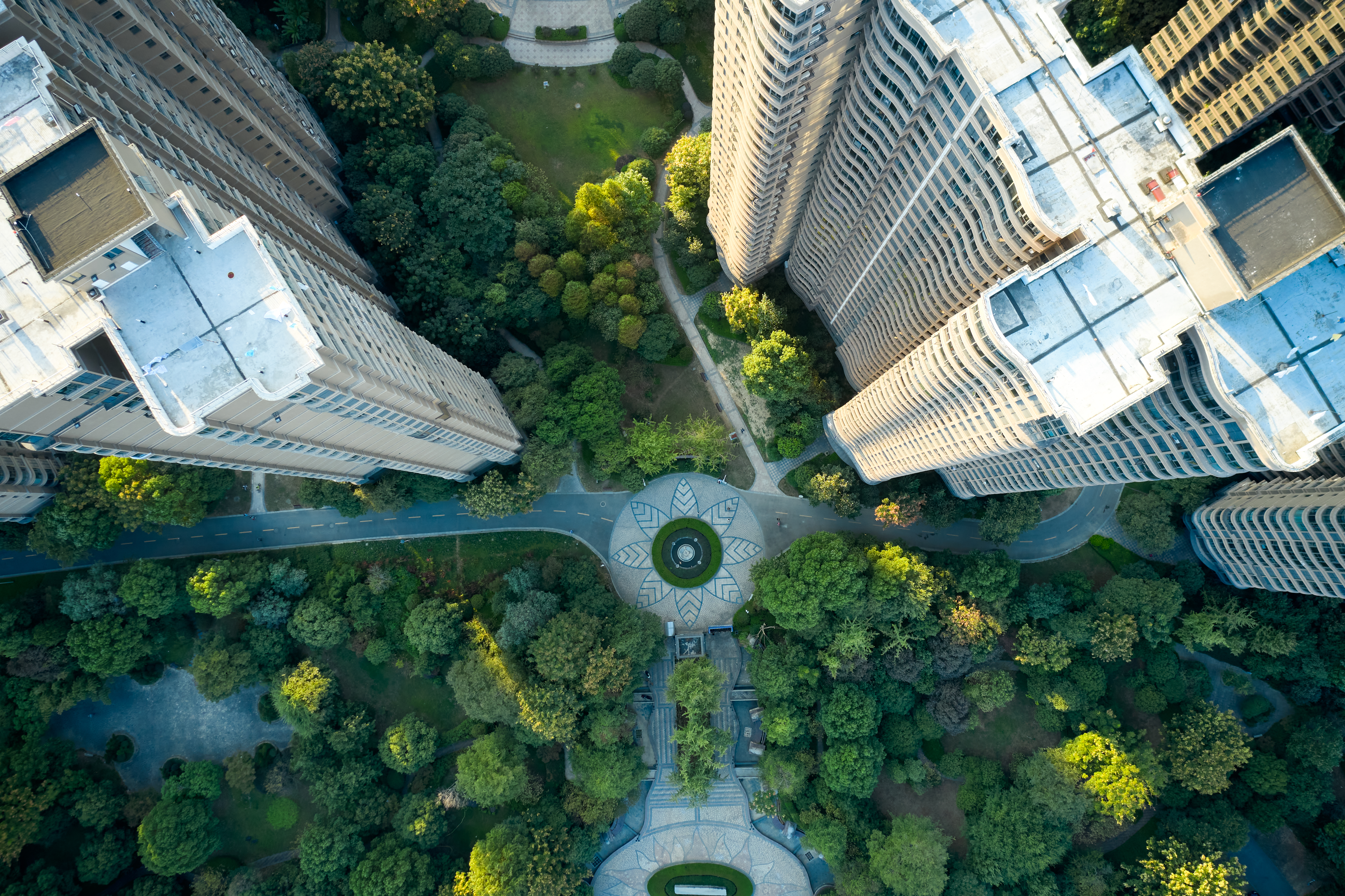 俯瞰绿树环绕的城市高楼景观