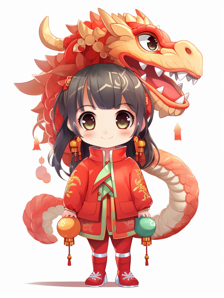 可爱红衣女孩与龙形象 喜庆春节宣传图