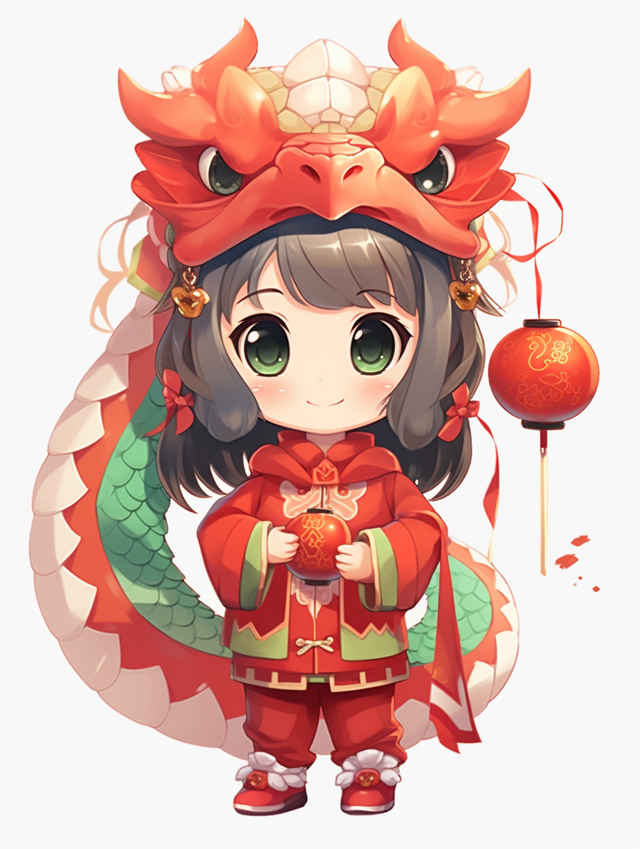 可爱卡通女孩穿红衣扮龙迎春节喜庆形象