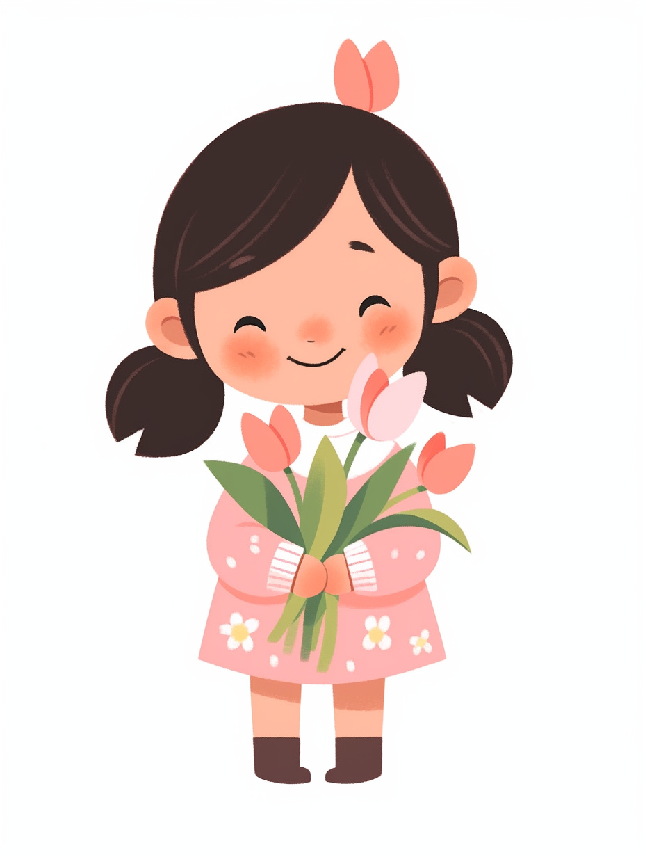 卡通可爱小女孩手持鲜花插画