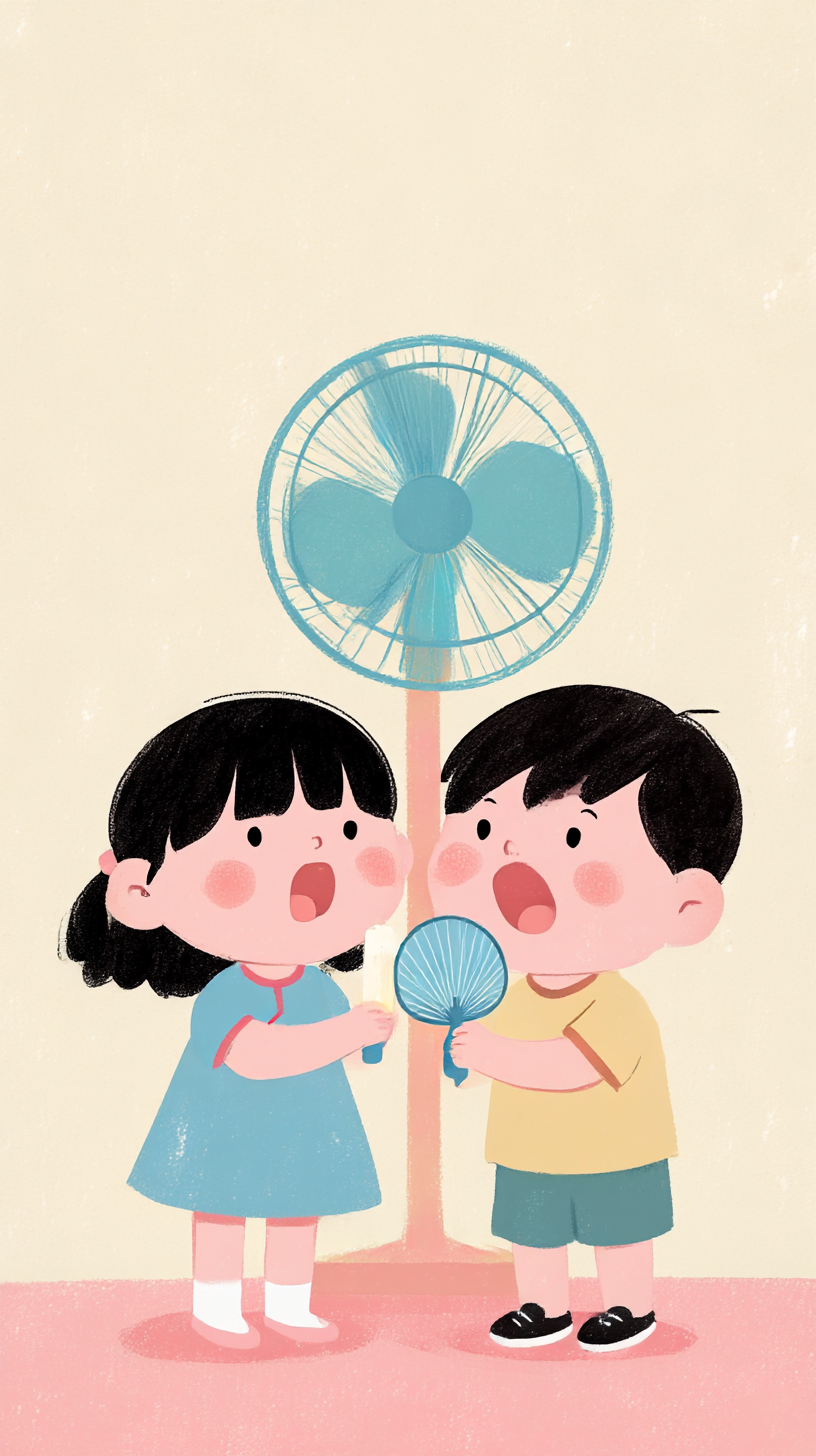 夏季吹风扇儿童插画