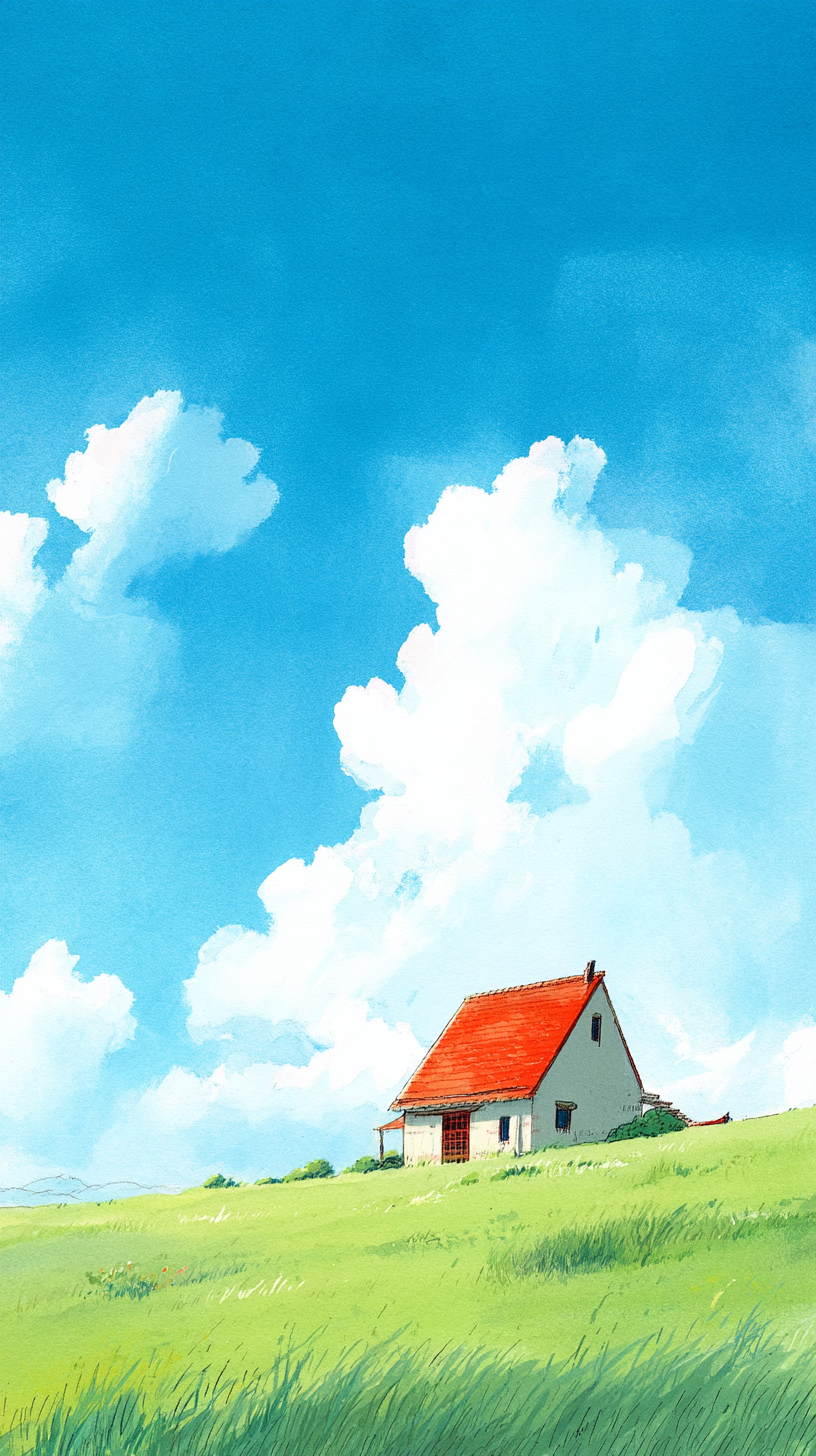 夏季漫画风乡村小屋风景插画