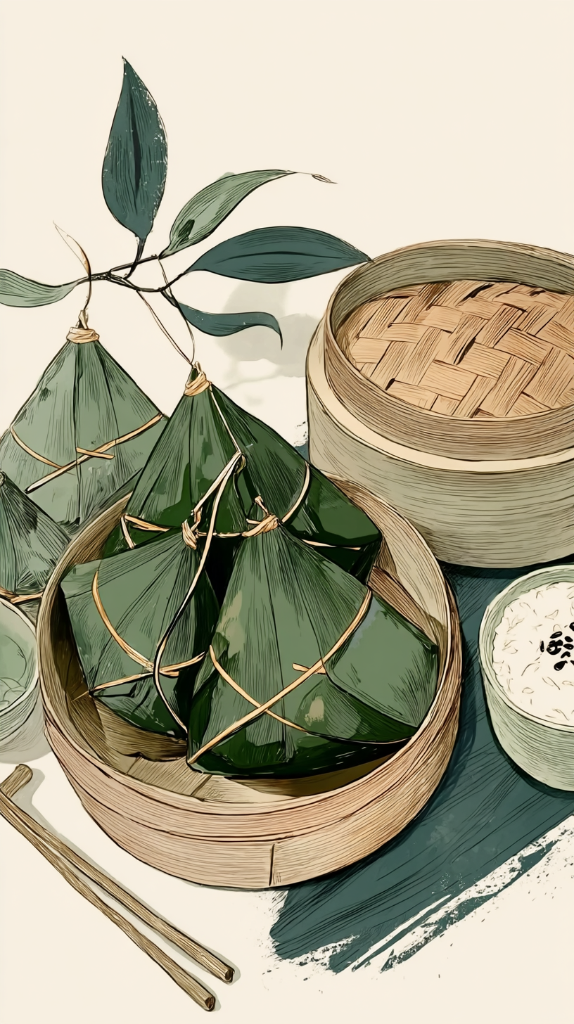 传统竹笼装美味粽子的端午宣传插画