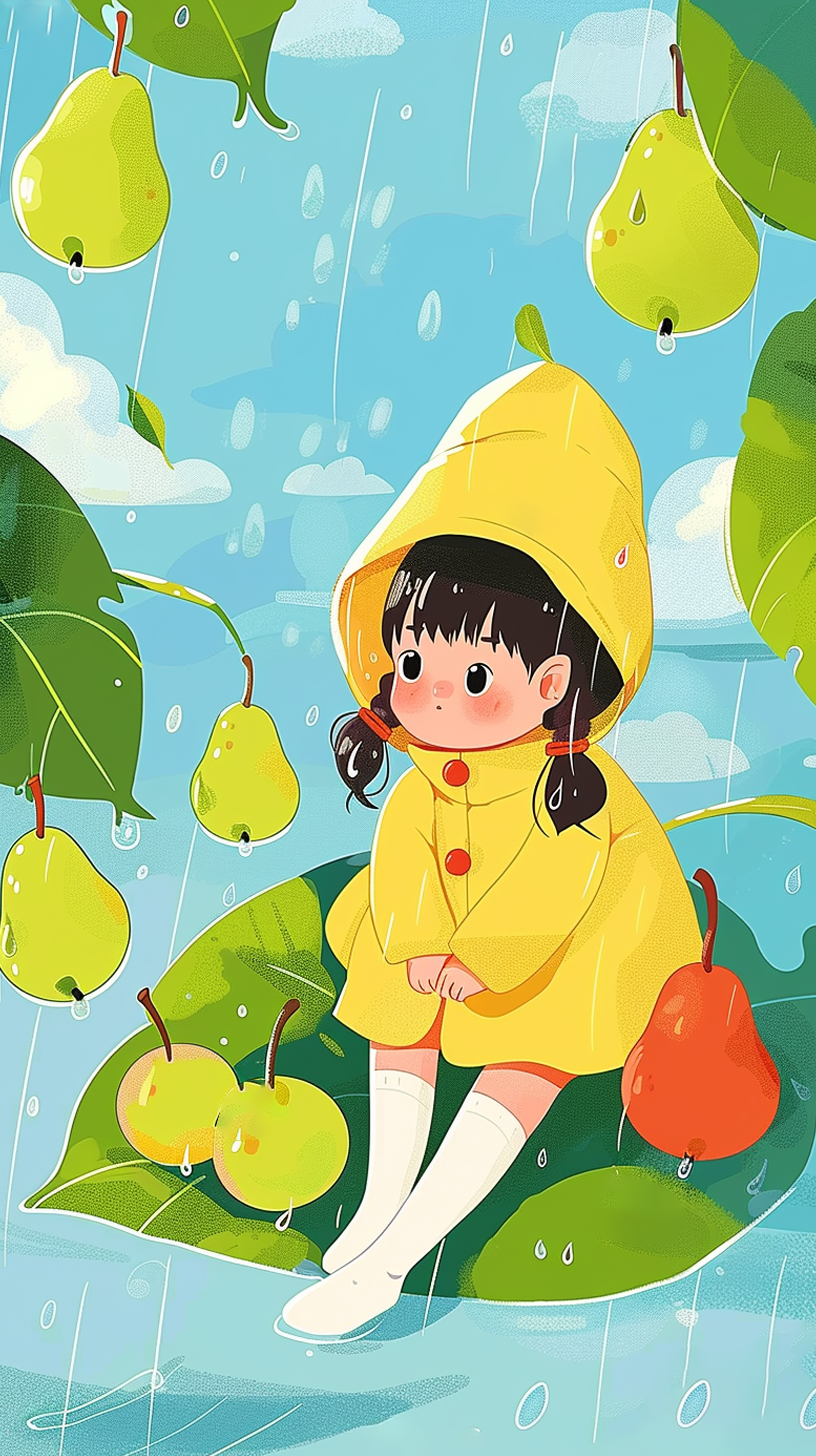下雨天可爱小女孩避雨插画