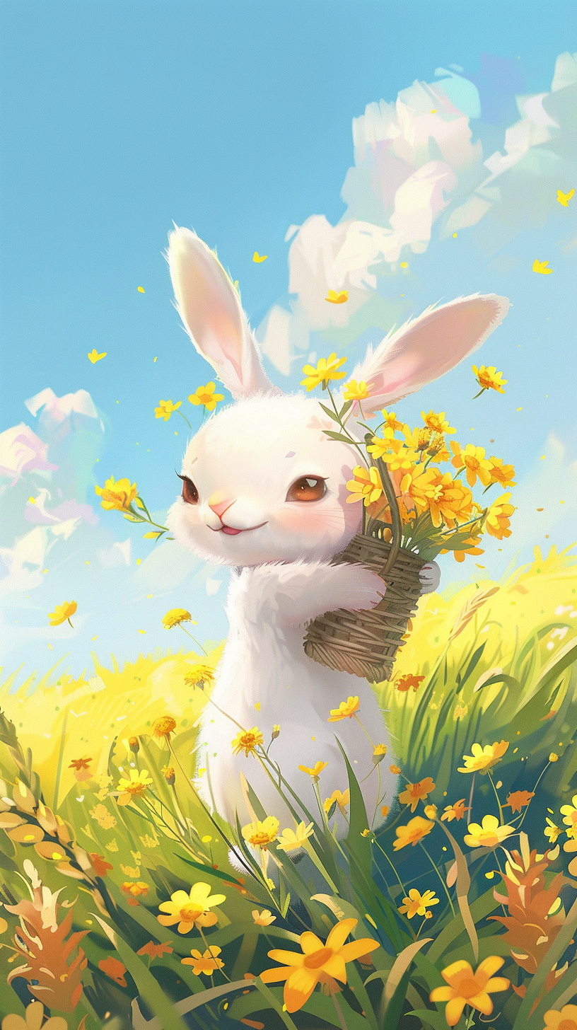 可爱白兔手持花篮清新插画
