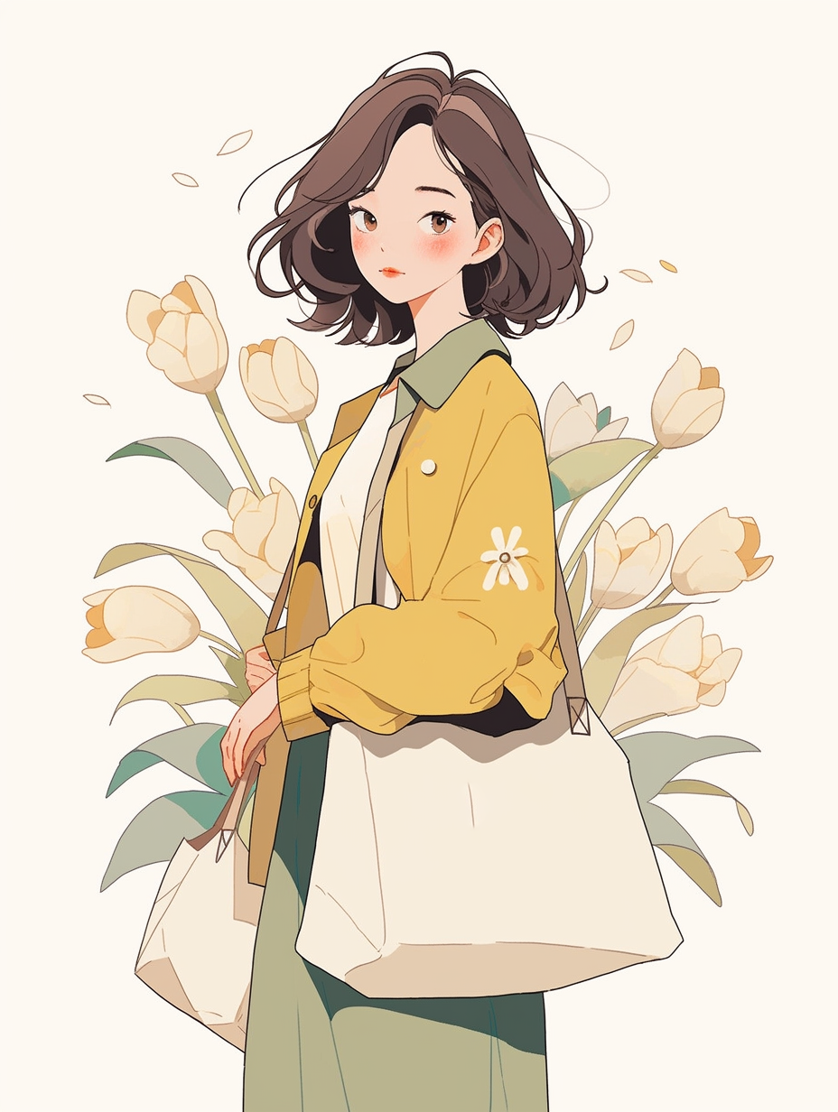可爱漫画风格手提鲜花袋的少女浪漫插画