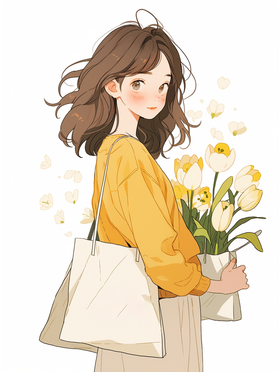 可爱漫画风格手提鲜花袋的少女浪漫插画