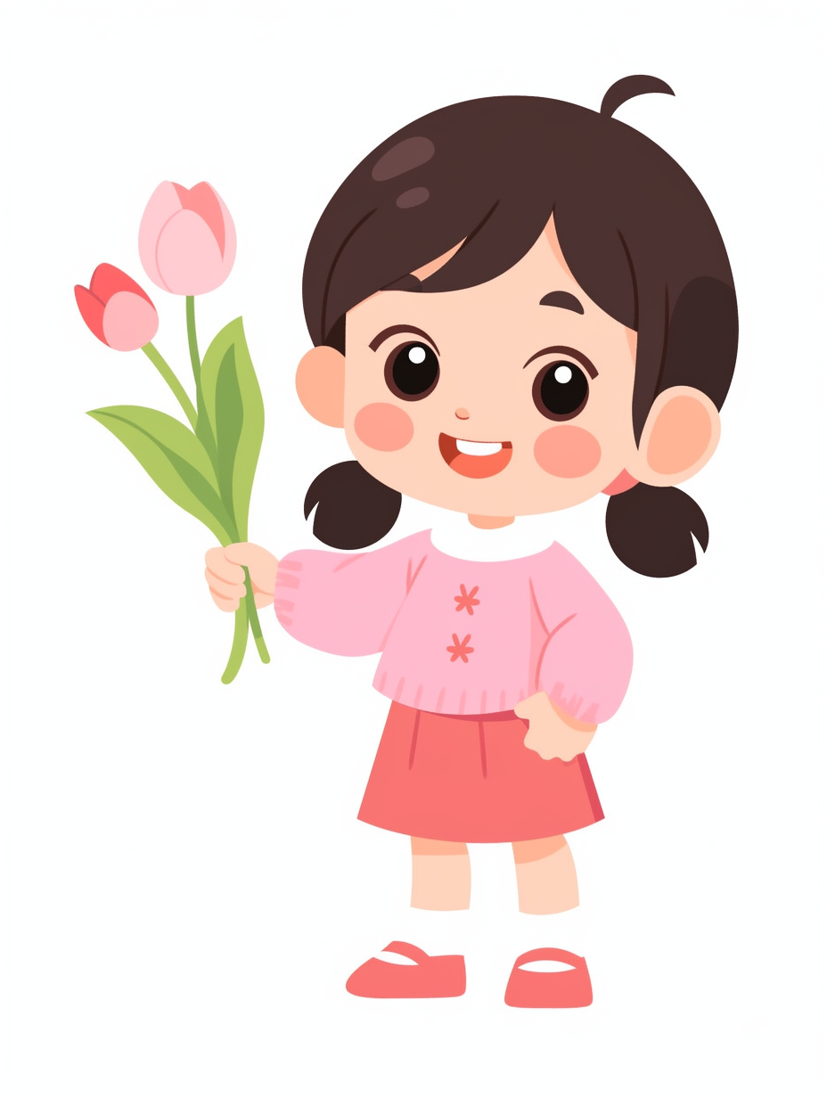 卡通可爱小女孩手持鲜花插画