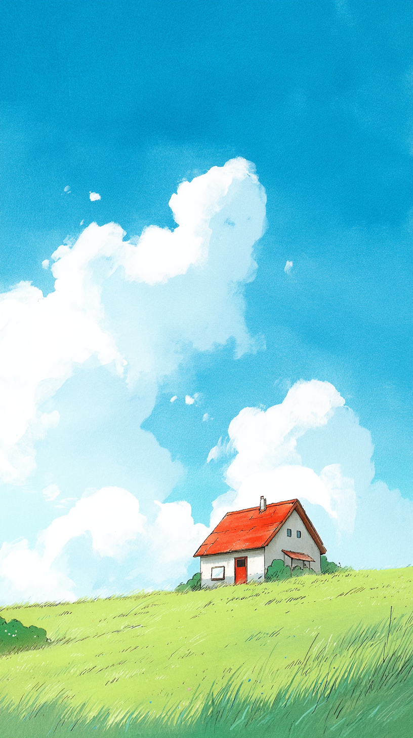 夏季漫画风乡村小屋风景插画
