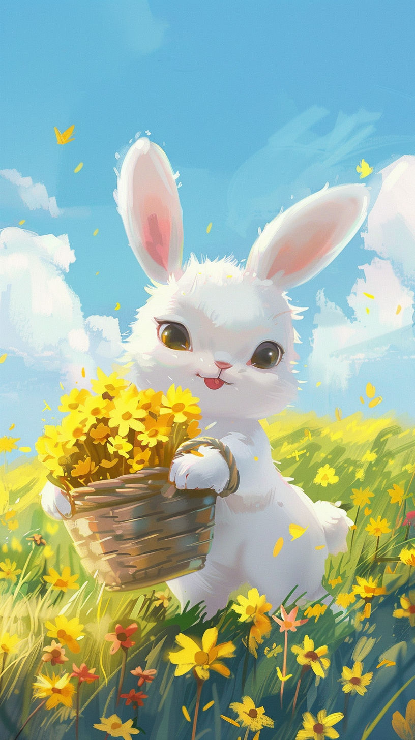 可爱白兔手持花篮清新插画