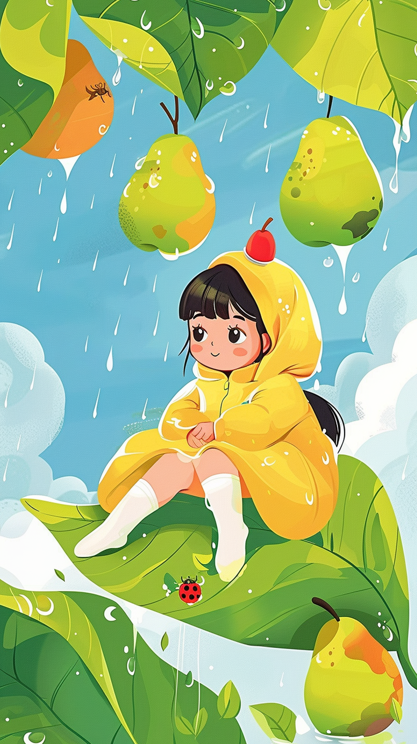 下雨天可爱小女孩避雨插画