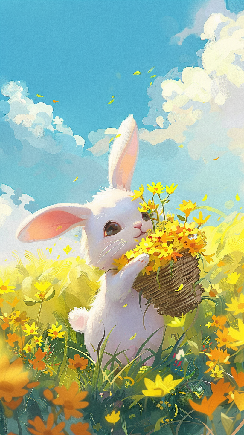 可爱白兔手持花篮清新插画