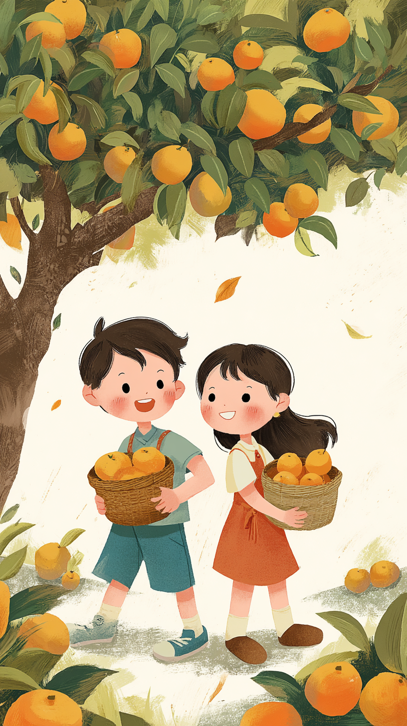 可爱孩童摘水果插画