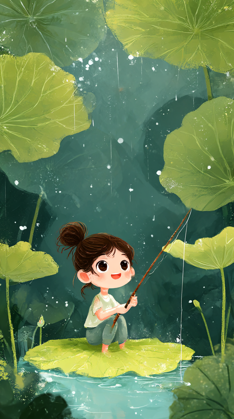 雨天钓鱼小女孩手绘插画