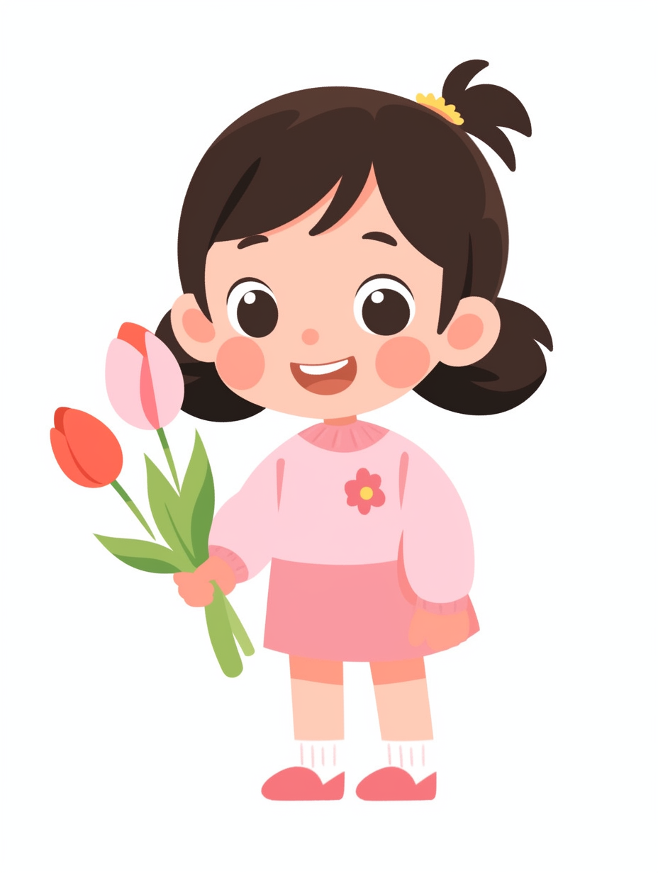 卡通可爱小女孩手持鲜花插画