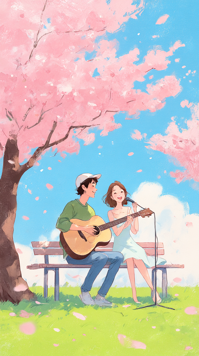 情人节樱花树下情侣浪漫插画