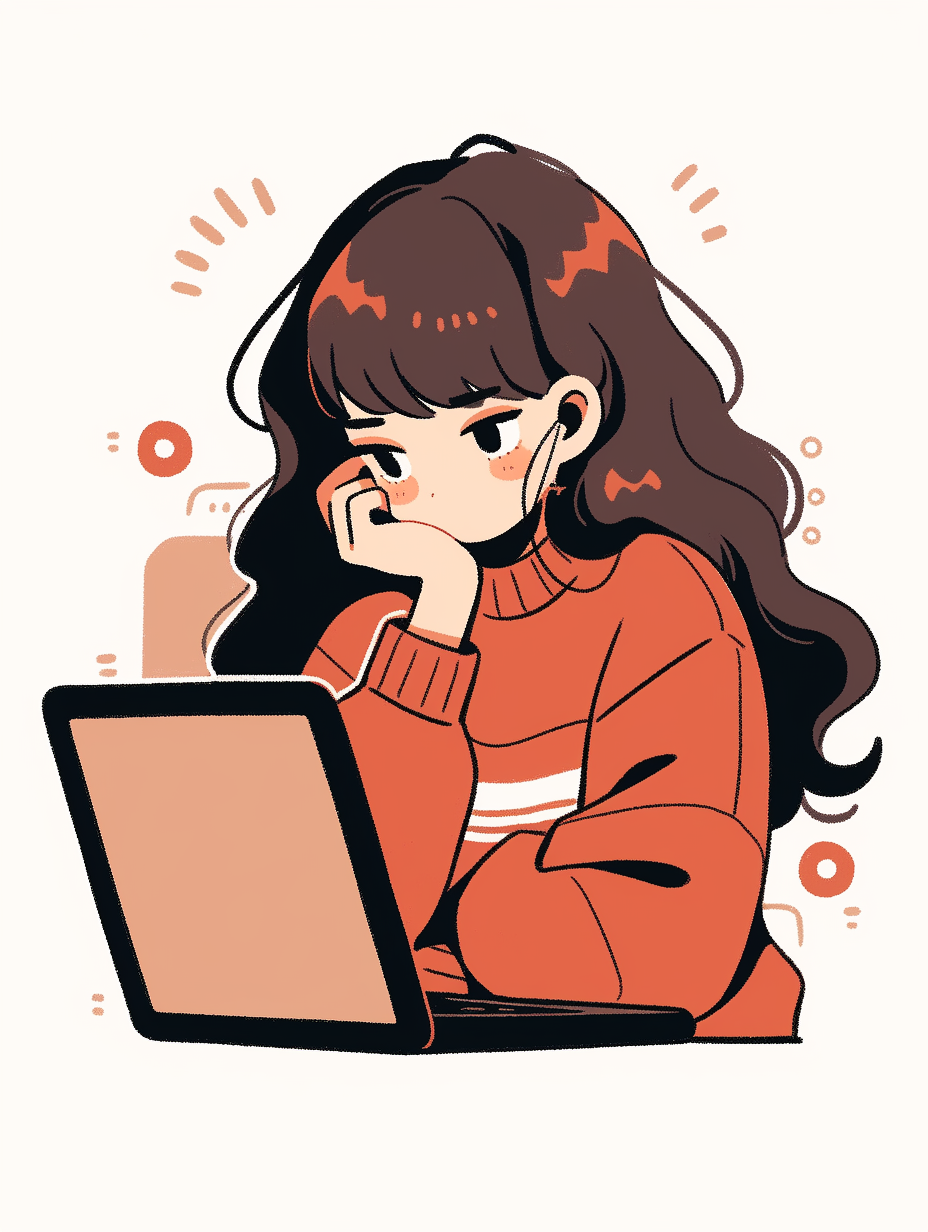 上班小女孩用电脑办公思考的漫画卡通插画形象