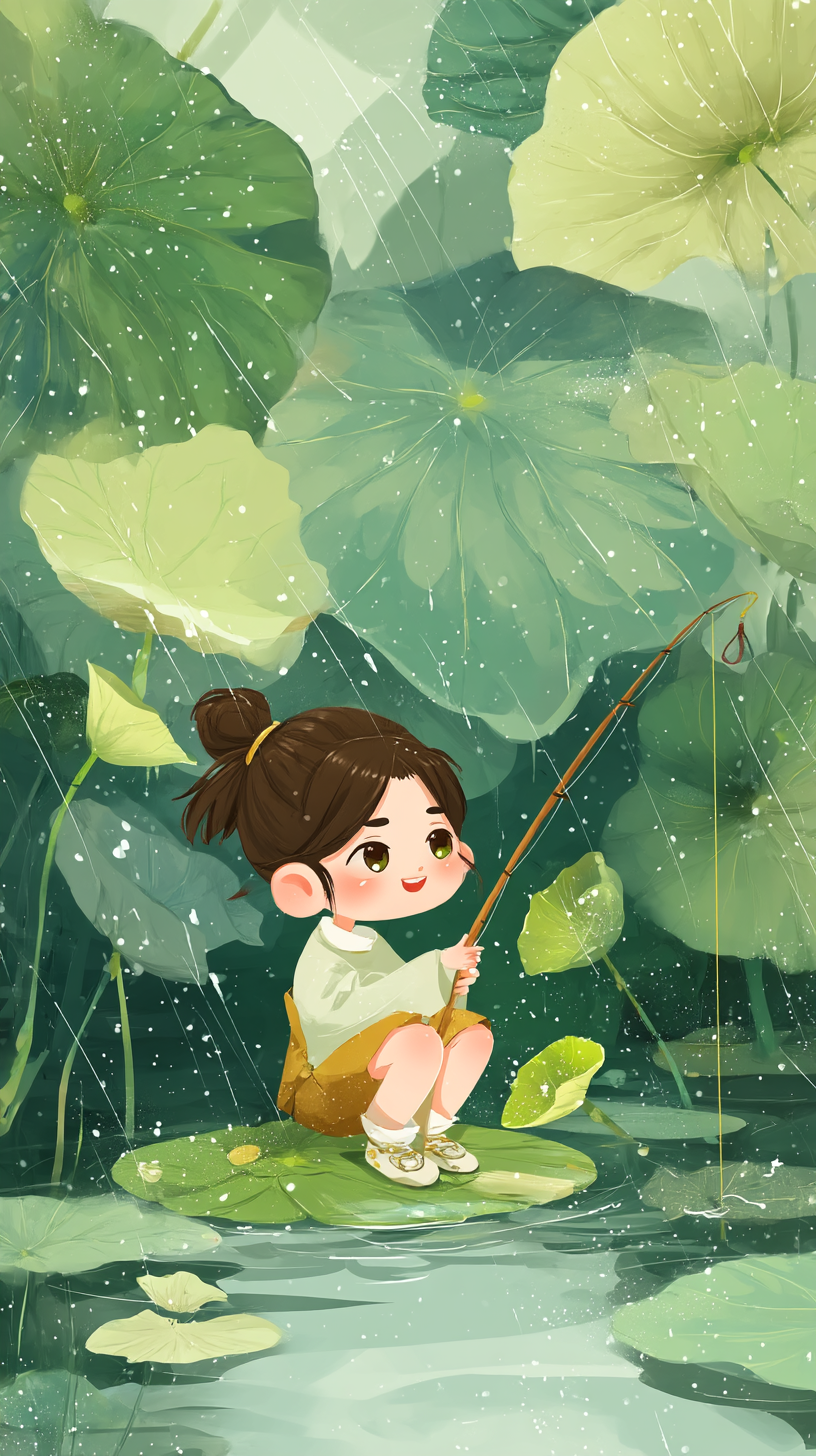 雨天钓鱼小女孩手绘插画