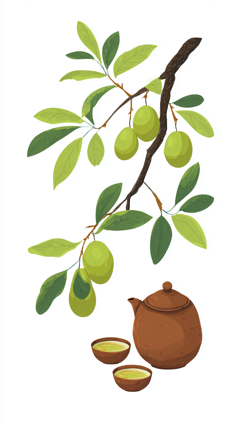 清新插画风青果配茶壶的特色茶饮物料