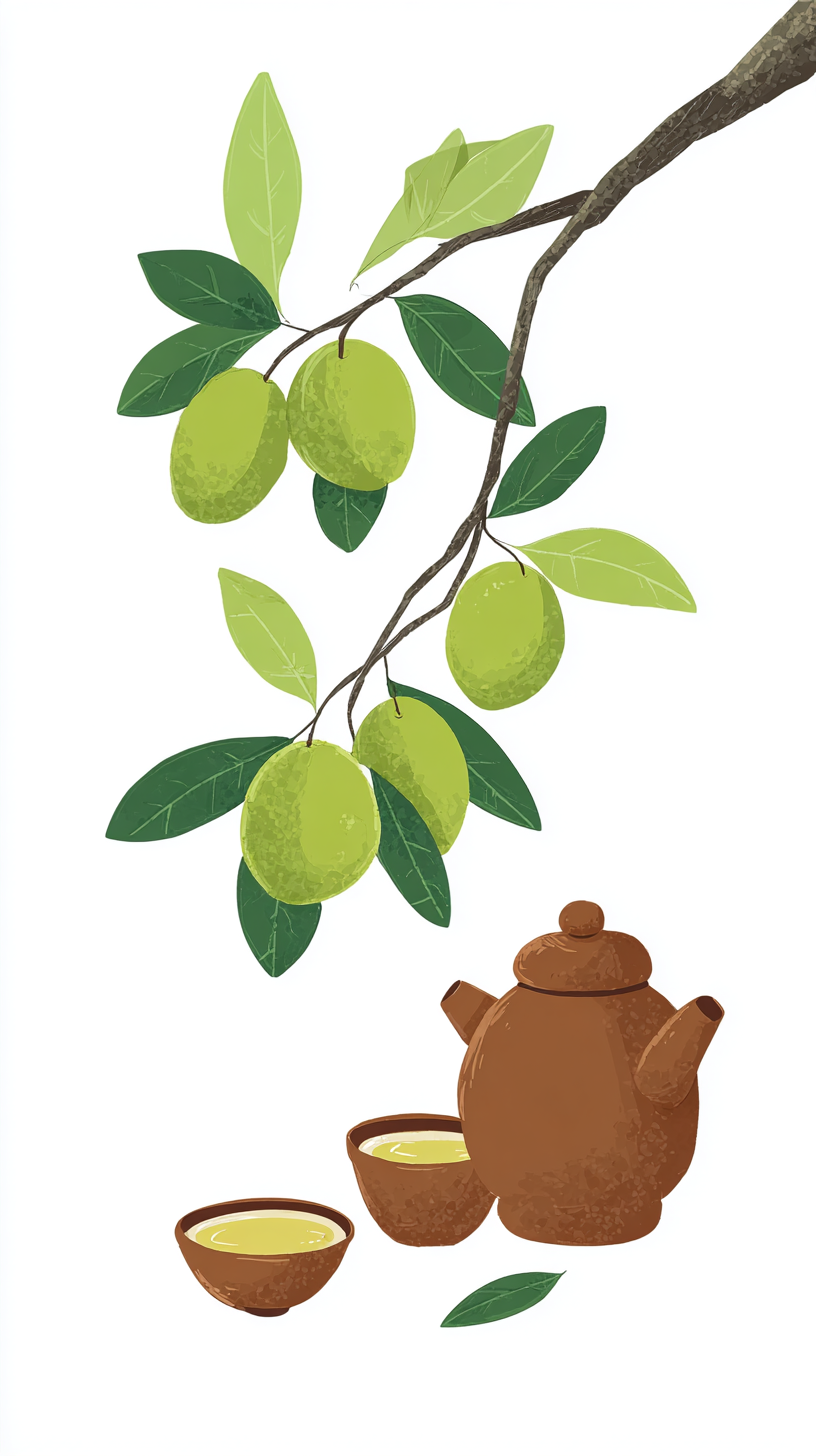 白色青梅养生茶手绘插画