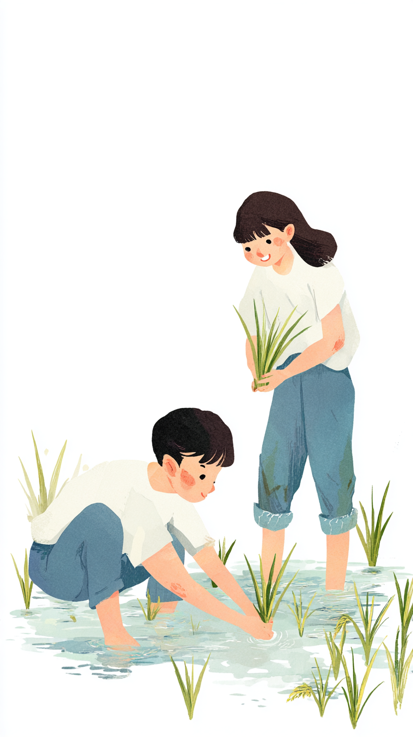 白色手绘插秧农作卡通插画