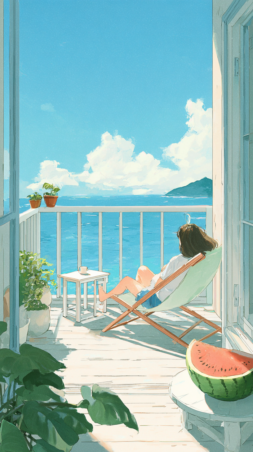 夏日海边手绘清凉插画