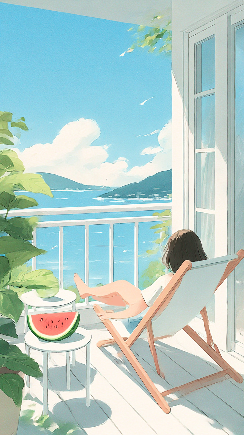夏日海边手绘清凉插画