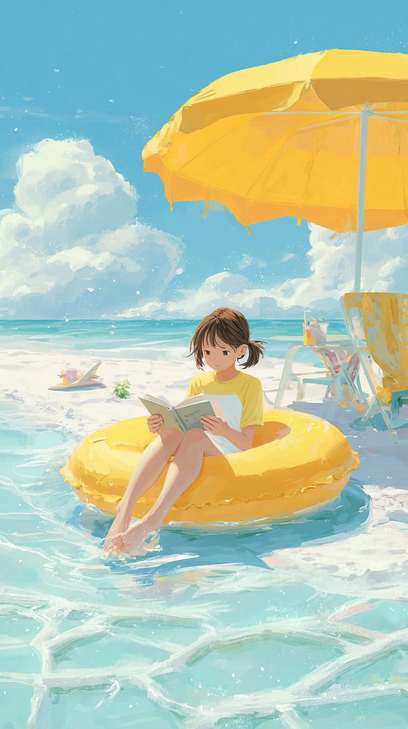 夏季避暑动漫手绘插画