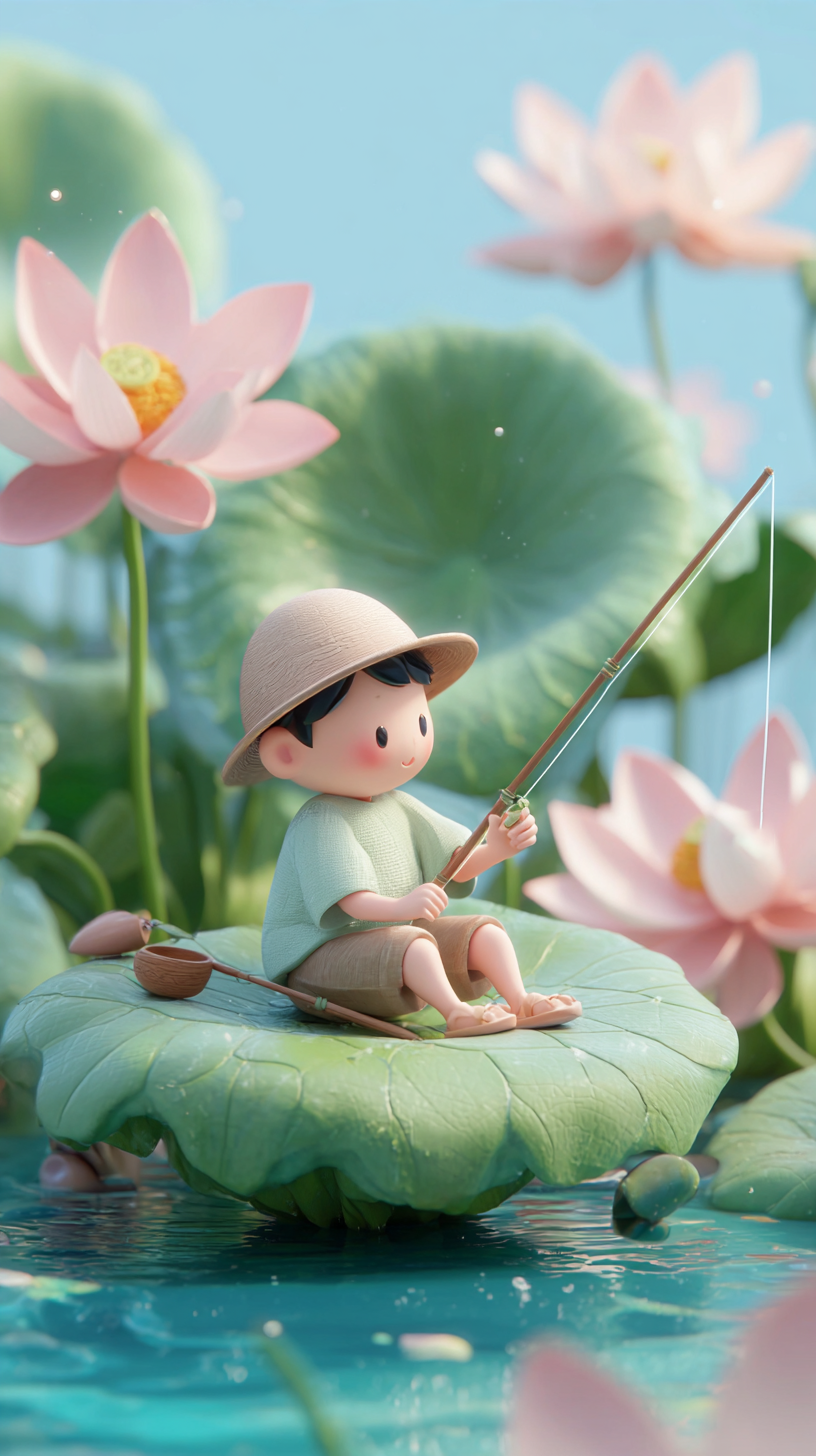 夏季避暑3D荷叶荷花卡通钓鱼