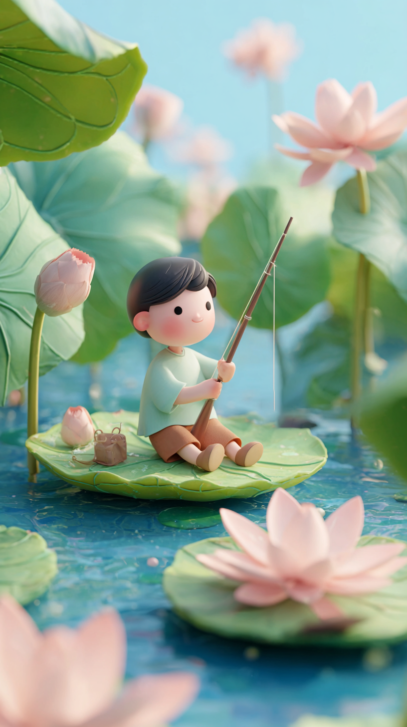 夏季避暑3D荷叶荷花卡通钓鱼