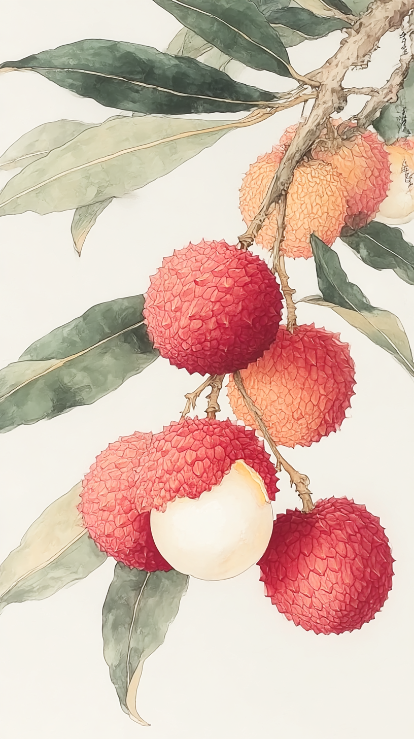 绿色荔枝树枝手绘插画