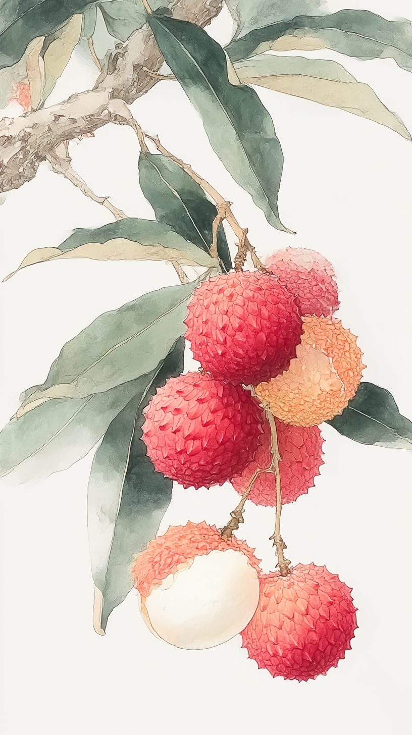 绿色荔枝树枝手绘插画