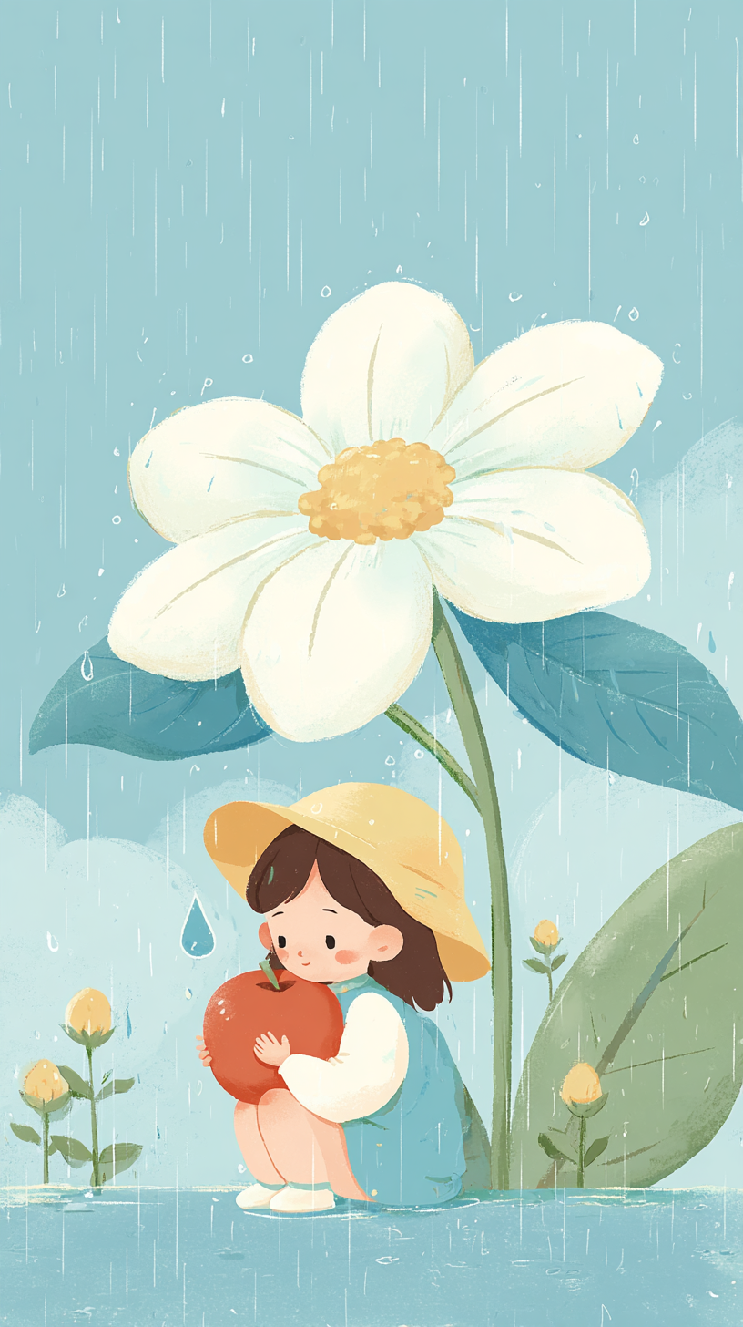 蓝色夏季雨季小女孩插画