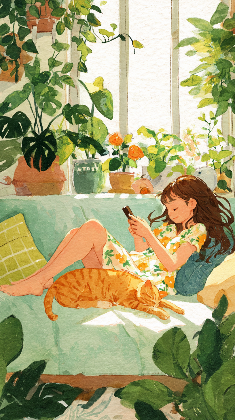 绿色放假休闲女生水彩插画