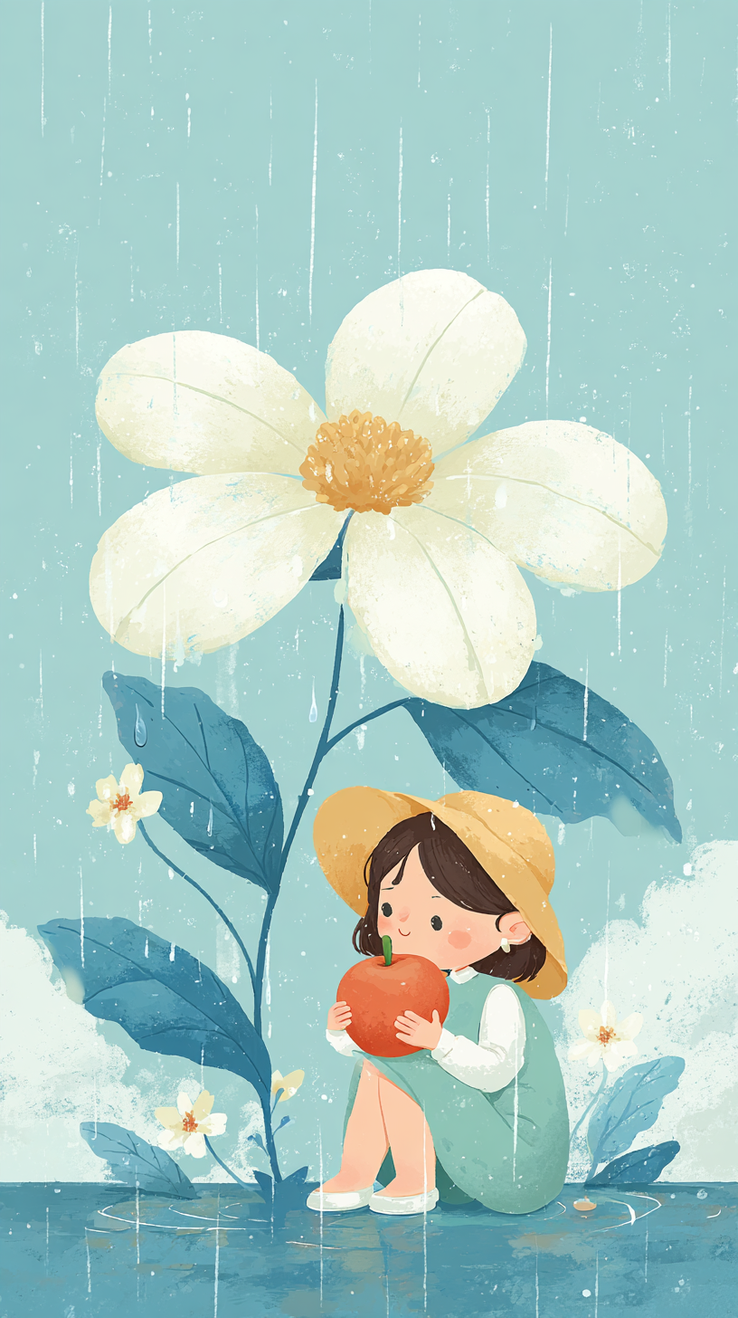蓝色夏季雨季小女孩插画
